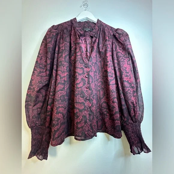 ALLSAINTS Leonie Stanza Shirt in Burgundy Red Python Sheer Print US Size 6 - Picture 15 of 17